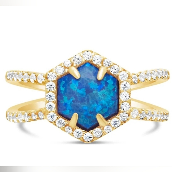 Sterling Forever Jewelry - NWT 14K Gold Plated Sterling Silver Created Opal Gemstone Double Row Band Ring 6